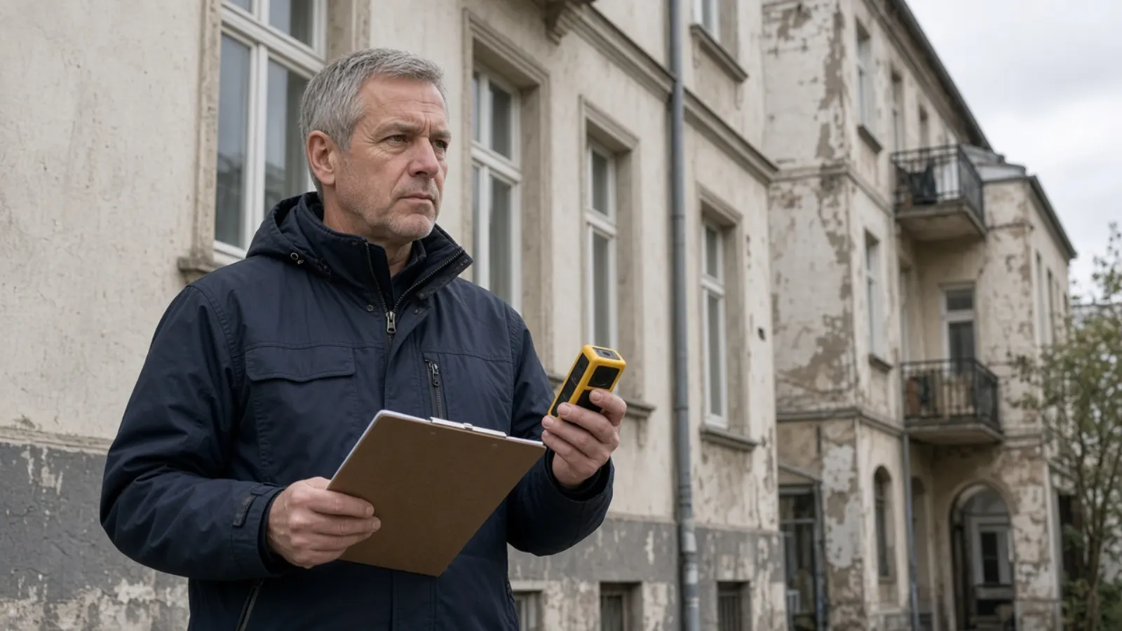 Sachverständiger bei der Ortsbesichtigung vor einem Bestandsgebäude